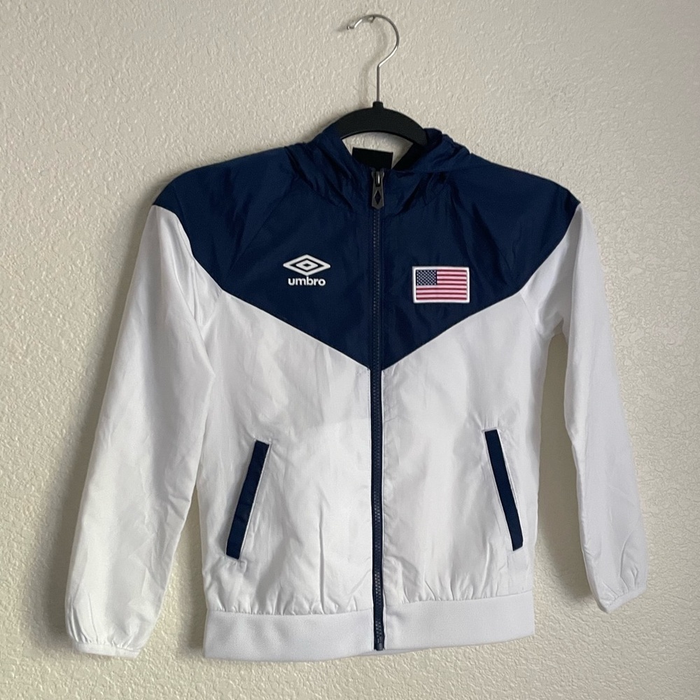 Umbro Youth USA Colorblock Windbreaker Full Zip Jacket S 6/7 White Blue